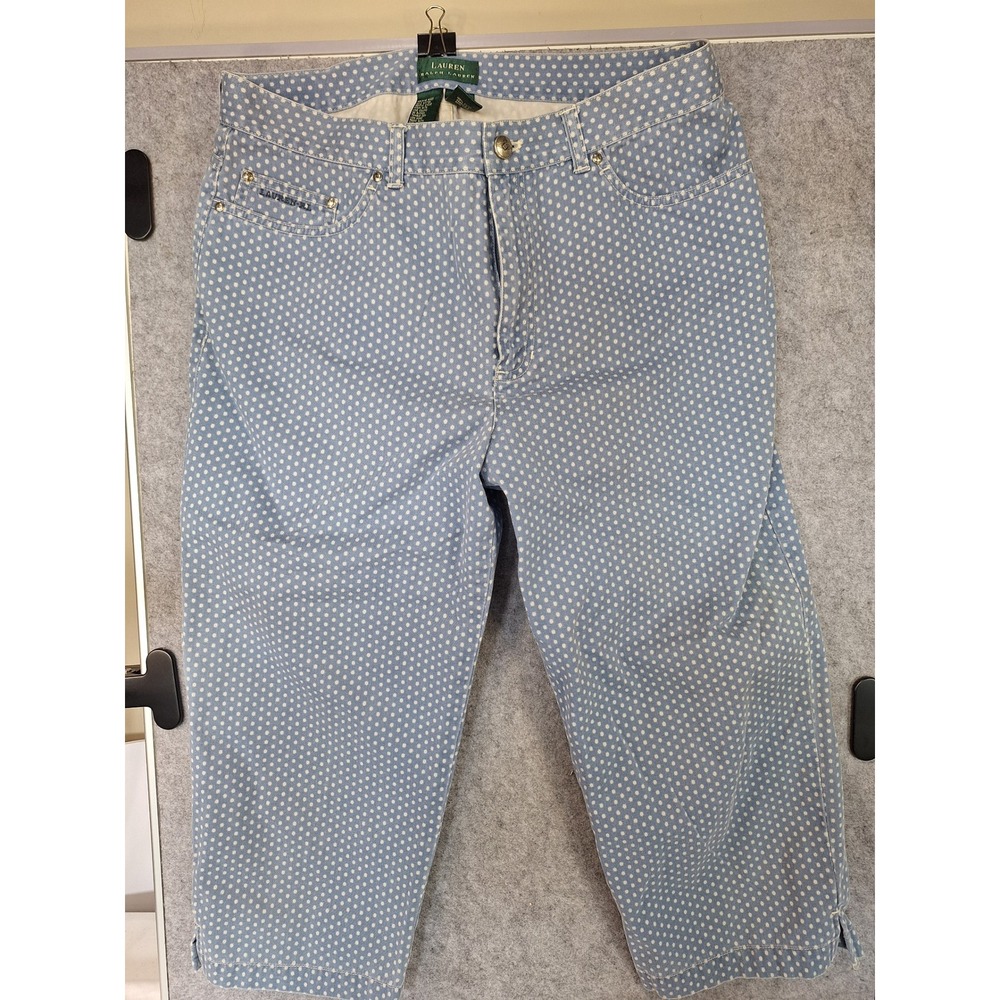 Lauren Ralph Lauren Womens Polka Dot Cropped Jeans Blue White Cotton Size 14